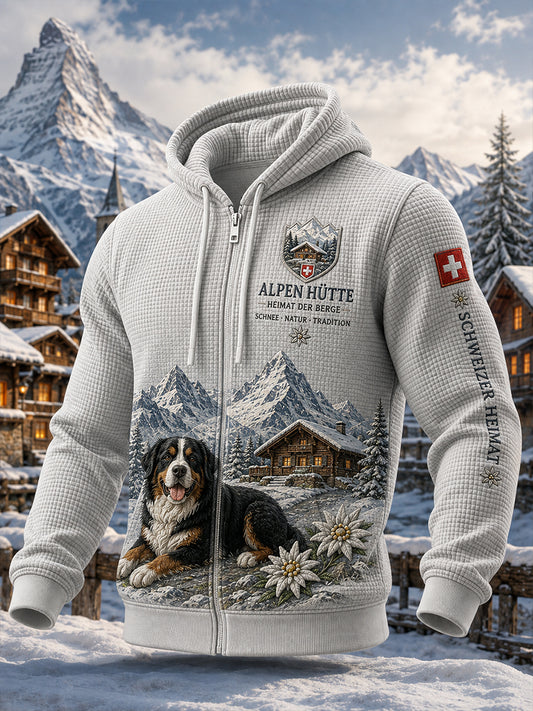 Herren-Kapuzenpullover aus Waffelstrick mit Motivdruck und langen Ärmeln