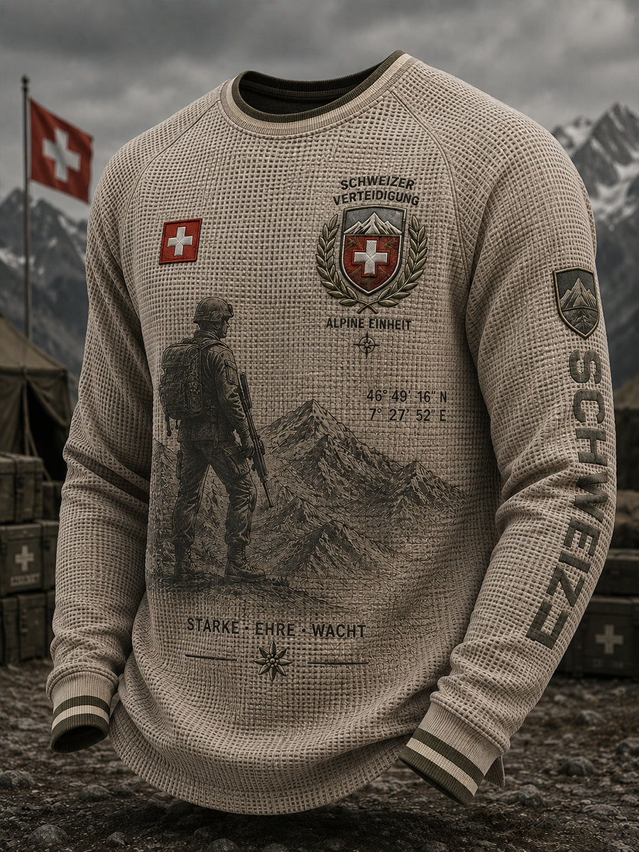 Langarm-T-Shirt für Männer mit Raglan-Ärmel-Waffel-Strick mit militärisch inspirierten Grafik druck