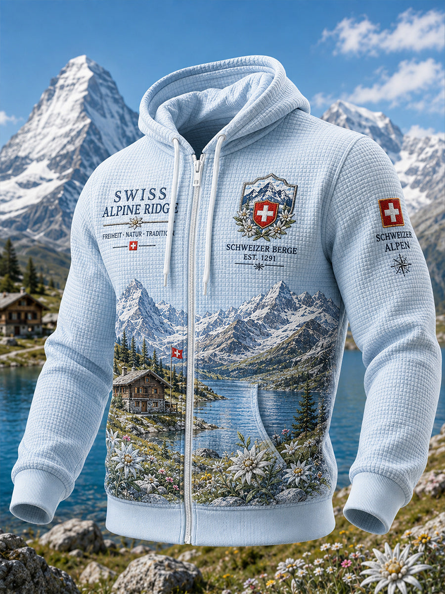 Herren-Kapuzenpullover aus Waffelstrick mit Motivdruck und langen Ärmeln