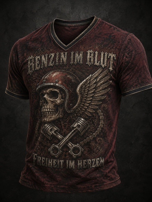 Bedrucktes T-Shirt mit V-Ausschnitt für Herren BENZIN IM BLUT FREIHEIT IM HERZEN