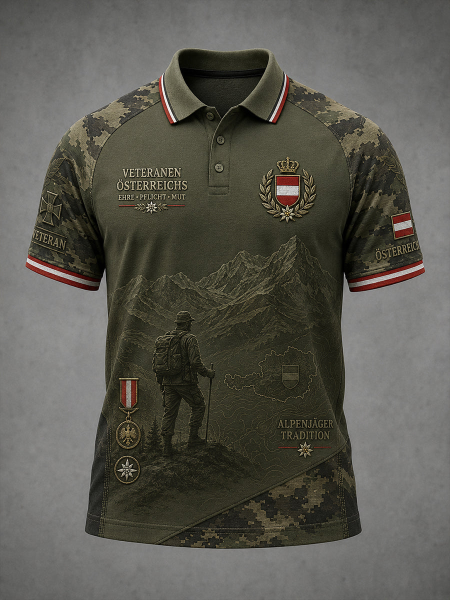 Herren-Poloshirt mit kurzen Ärmeln und vintage Militär‑Camouflage‑Print