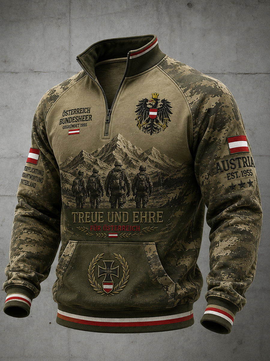 Herren-Top im Vintage-Militärstil mit Camouflage-Print, langen Raglanärmeln und Reißverschluss