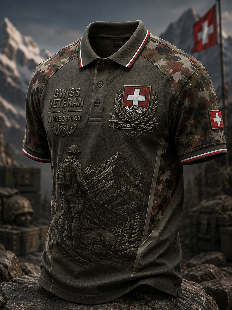 Herren-Poloshirt mit kurzen Ärmeln, Vintage-Camouflage- und militärstilistischen Prints