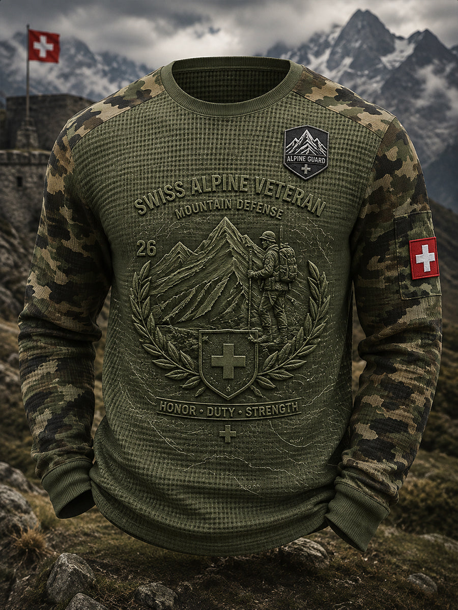 Herren-Vintage-Sweatshirt im Militärstil mit Waffelstruktur und Langarm-Print