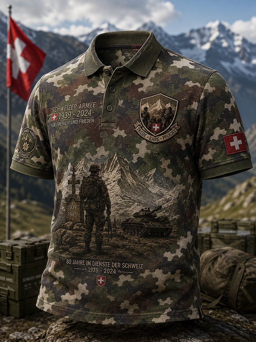 Herren-Poloshirt mit kurzen Ärmeln, Vintage-Camouflage- und militärstilistischen Prints