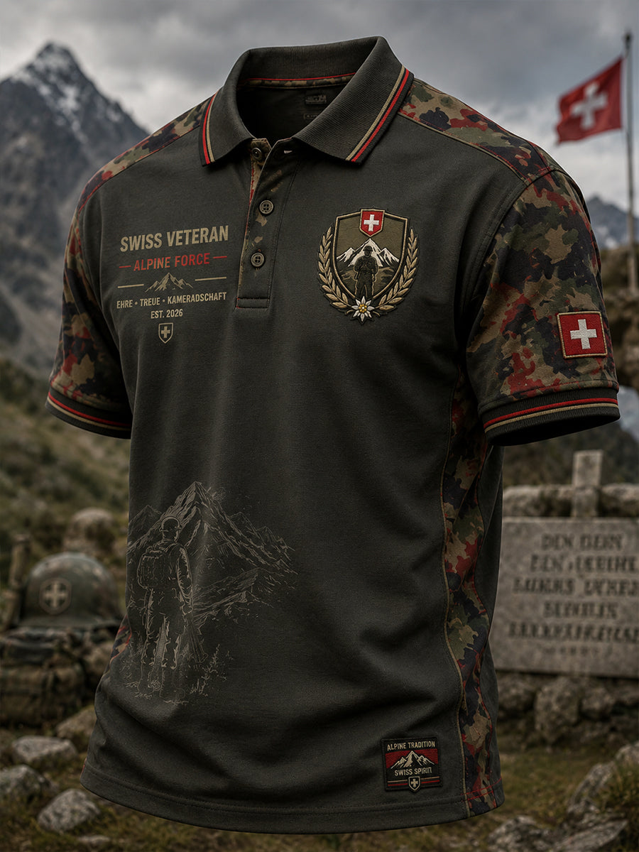 Herren-Poloshirt mit kurzen Ärmeln, Vintage-Camouflage- und militärstilistischen Prints