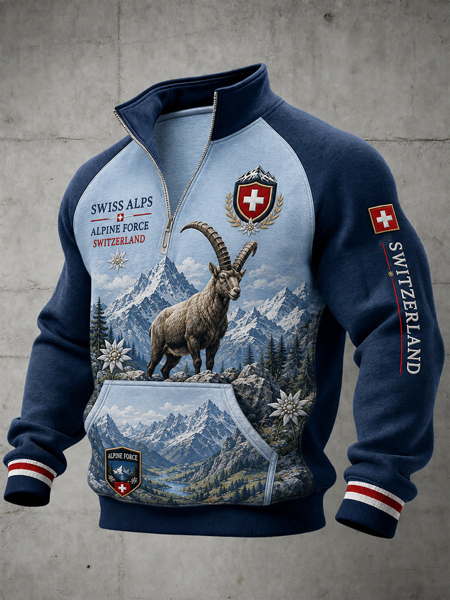 Herren-Raglan-Ärmel-Top mit Reiß verschluss im Vintage-Stil Snowy Mountain Souvenir Print