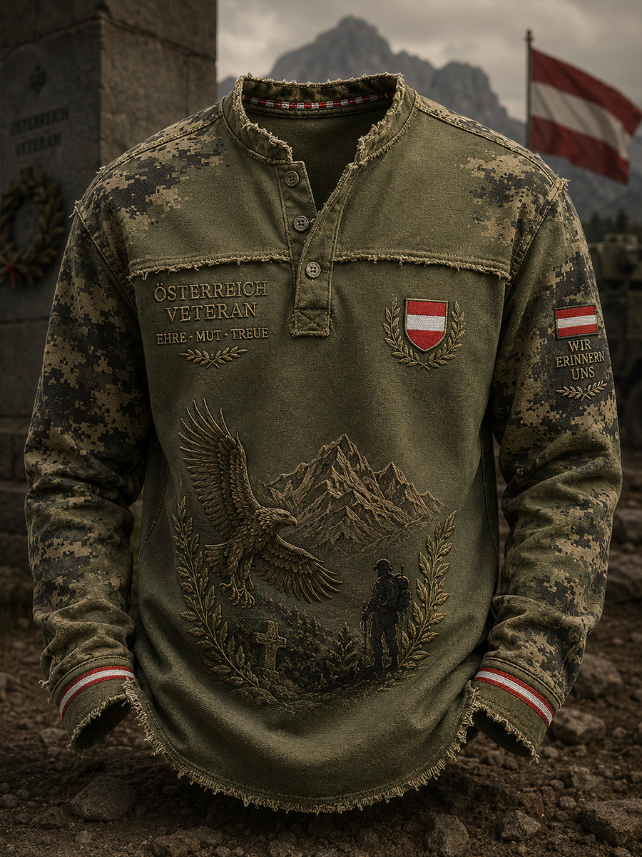 Herren-T-Shirt mit langen Ärmeln, Vintage-Camouflage und Gedenkdruck für Veteranen