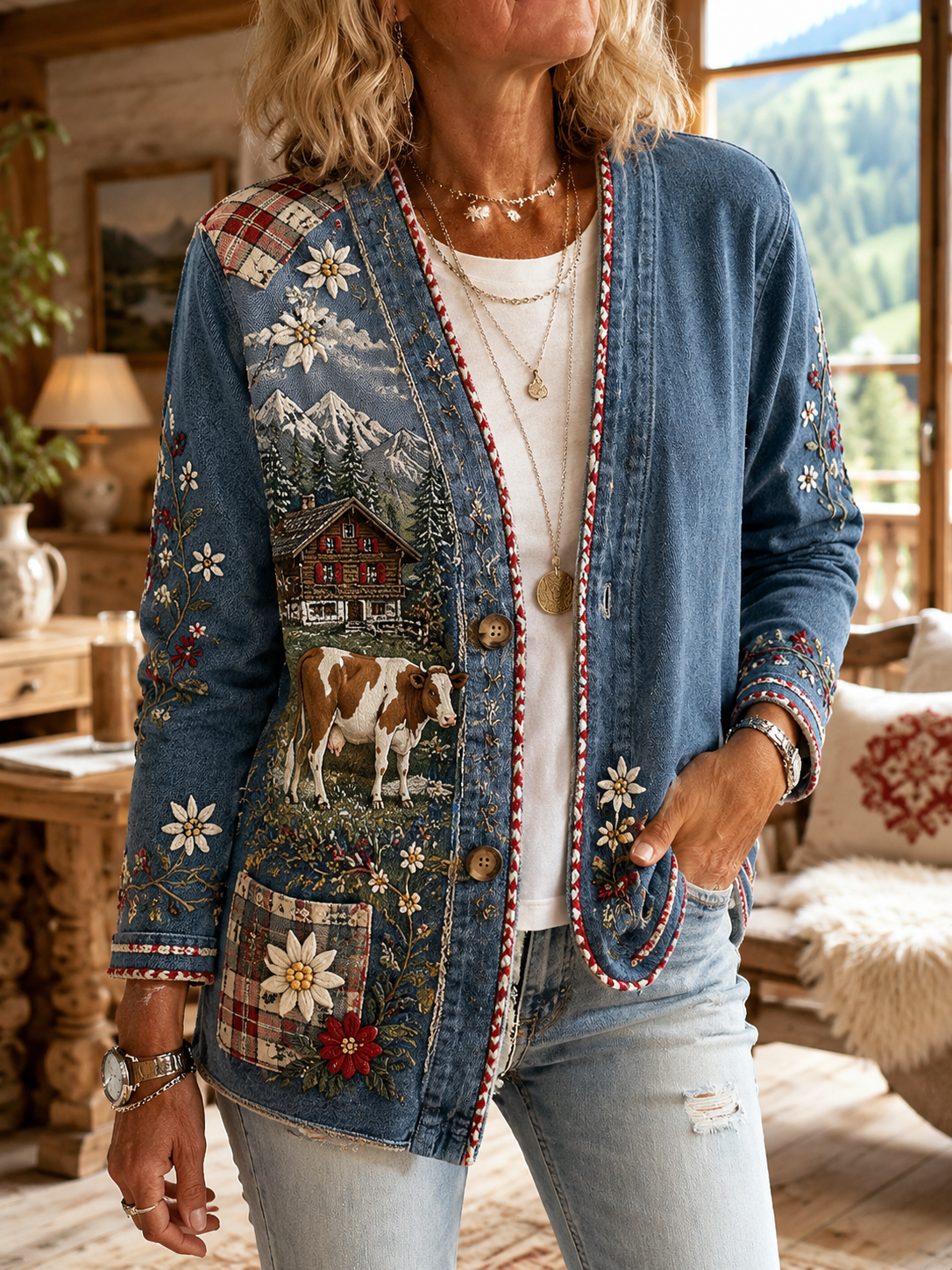 Damen-Strickjacke im österreichischen Landhausstil aus Denim, lässig geschnitten