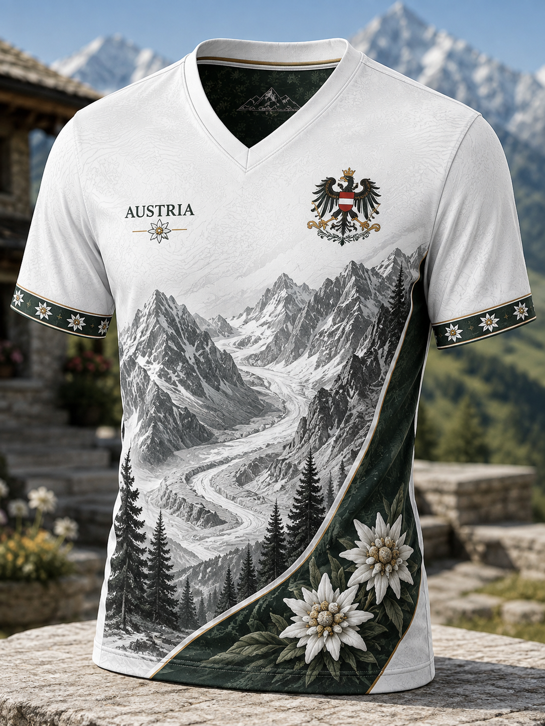 Herren-T-Shirt mit V-Ausschnitt im österreichischen Landhausstil