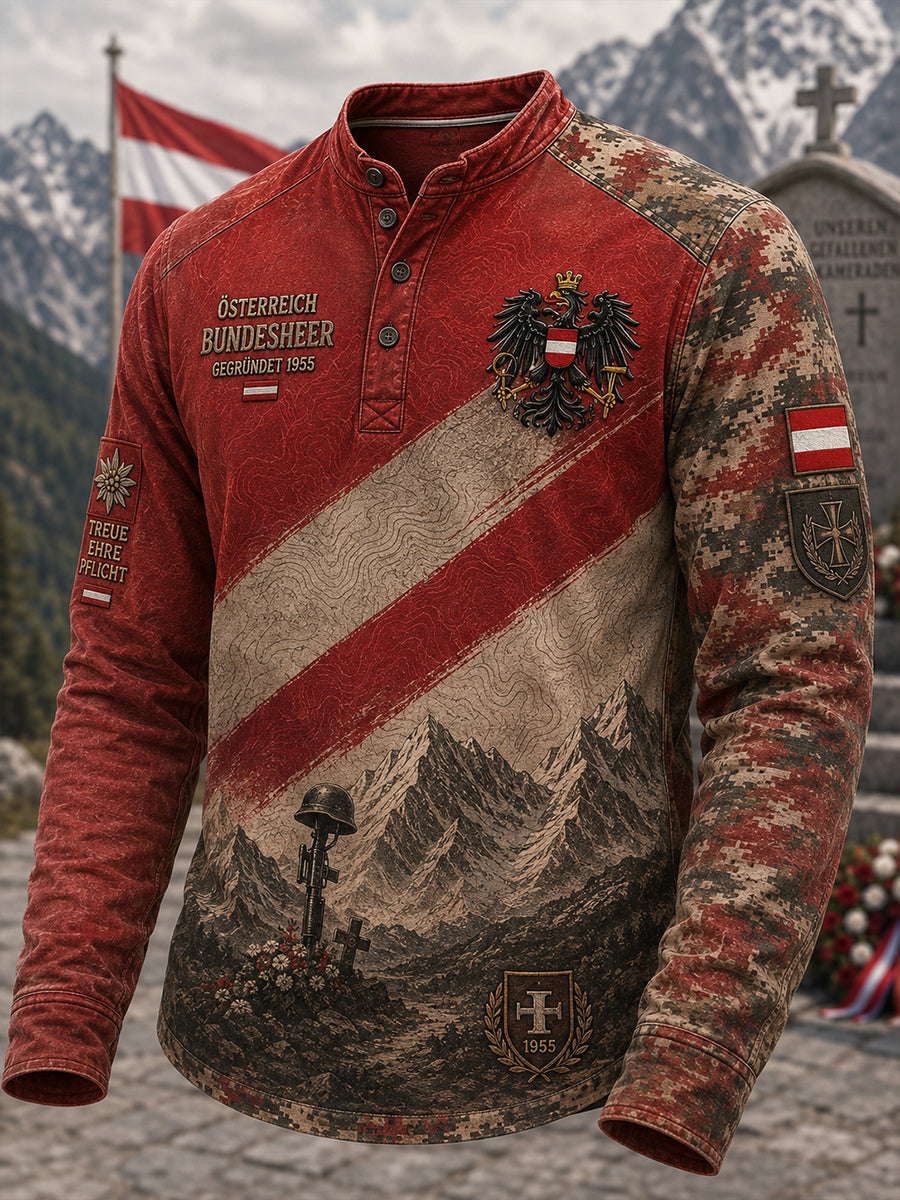 Herren-T-Shirt im österreichischen Militärstil mit Aufdruck und Knöpfen, lässig geschnitten
