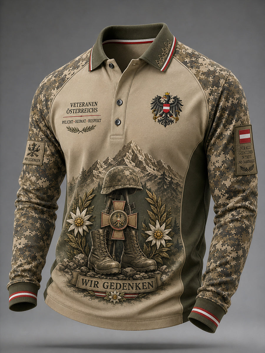Herren-Poloshirt mit langen Ärmeln und Camouflage-Print im Veteranenstil