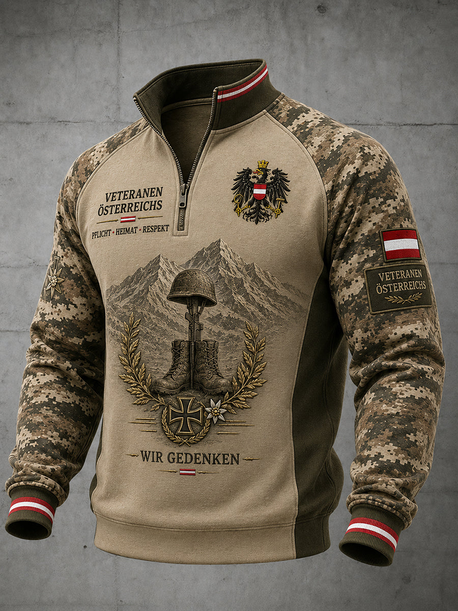 Herren-Top im Militärstil mit Camouflage-Print, Raglanärmeln und durchgehendem Reißverschluss