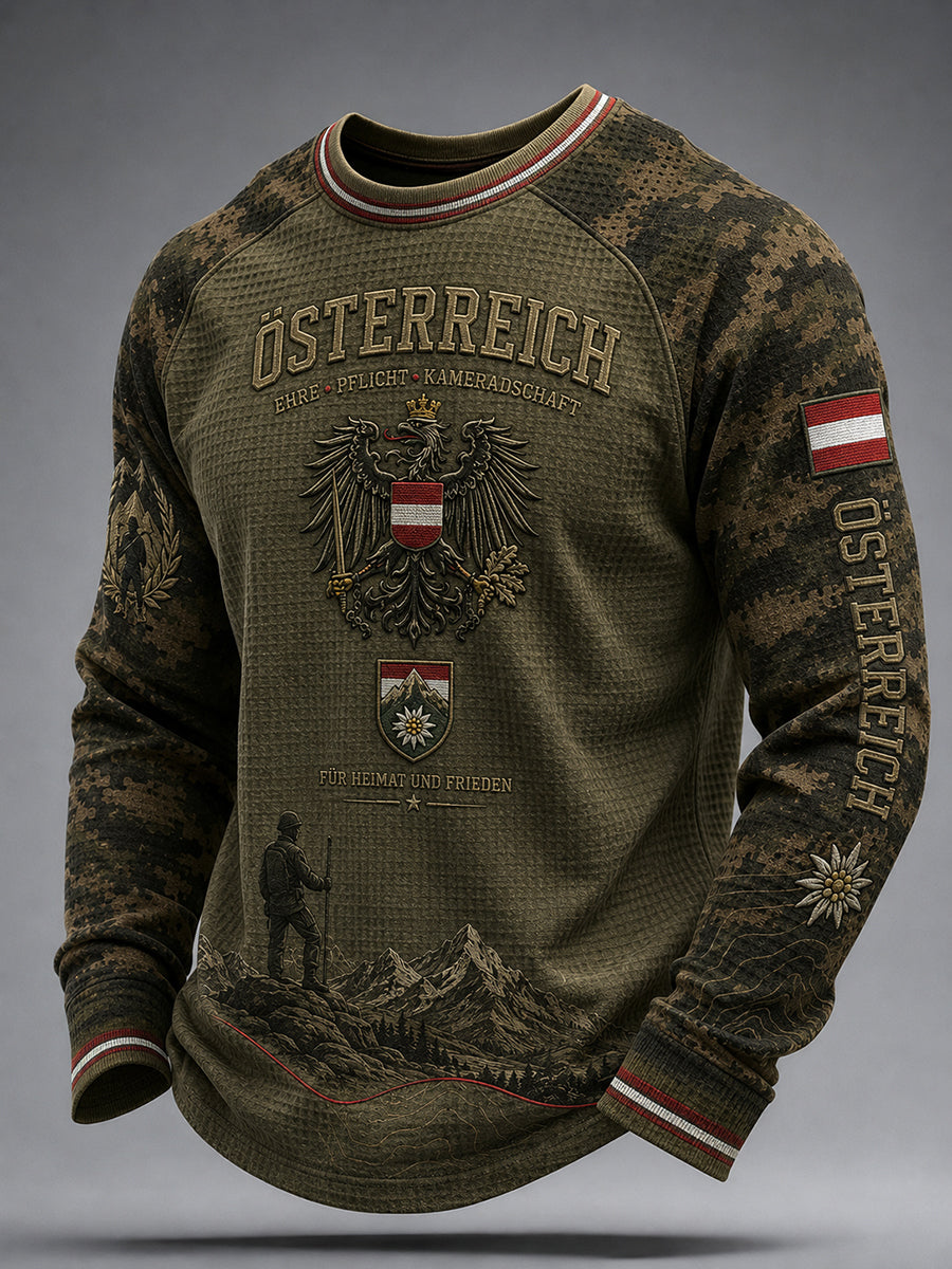 Herren-Top im Vintage-Militärstil mit Camouflage-Print, Waffelstrick und Raglanärmeln, langarm