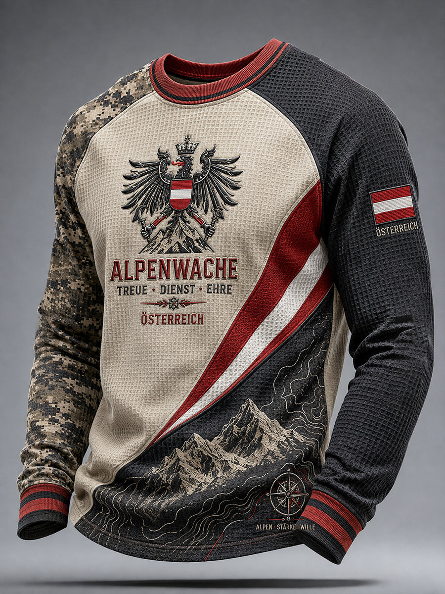 Herren-Top im Vintage-Militärstil mit Camouflage-Print, Waffelstrick und Raglanärmeln, langarm