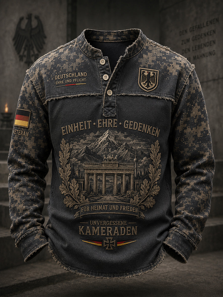 Herren-Top in Vintage-Stil mit Camouflage-Print und langen Ärmeln, im Veteranen-Design