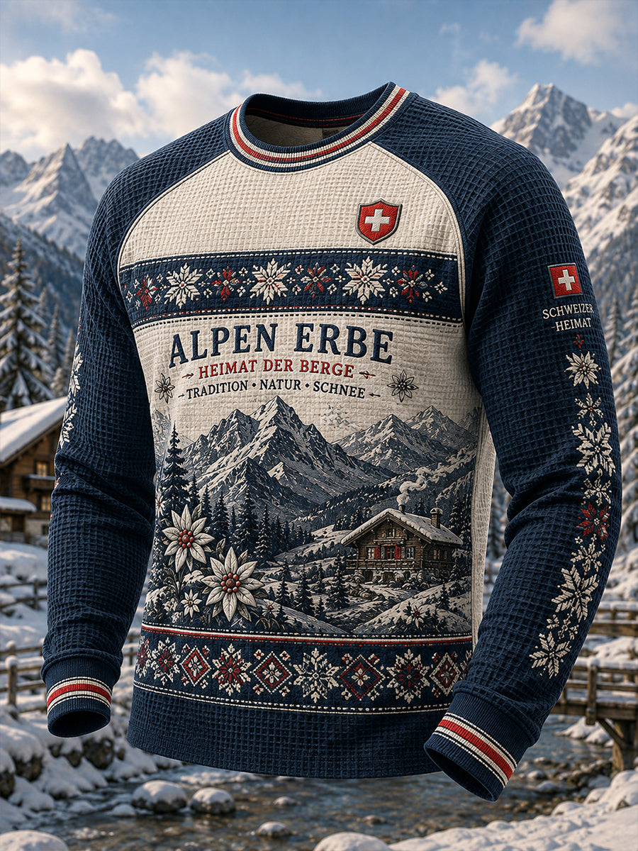 Herren-Top im Vintage-Stil mit Waffelstruktur, Raglanärmeln und grafischem Schneeberg-Print
