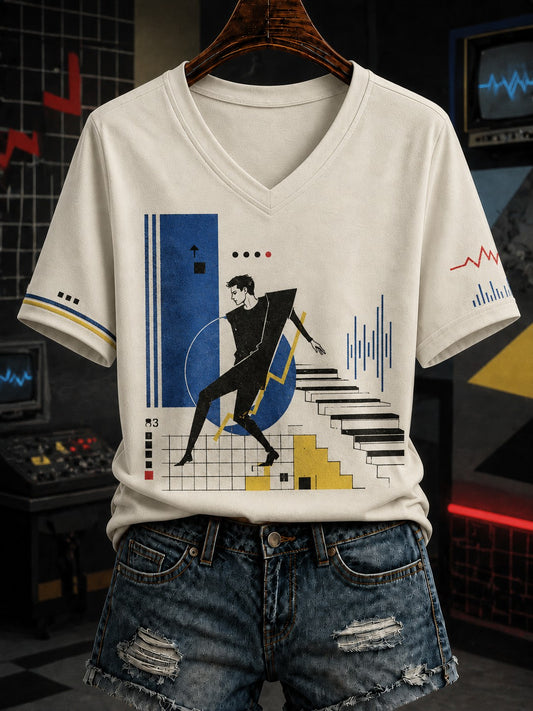Damen Neue Deutsche Welle Bedrucktes T-Shirt mit V-Ausschnitt
