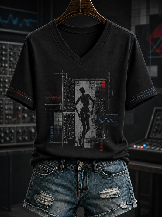 Frauen-Neue-Deutsche-Welle-T-Shirt mit V-Ausschnitt und Print