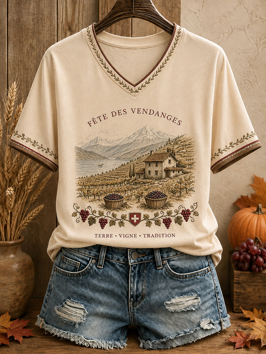Damen-Herbst-T-Shirt mit Schweizer Erntefest-Kunstdruck