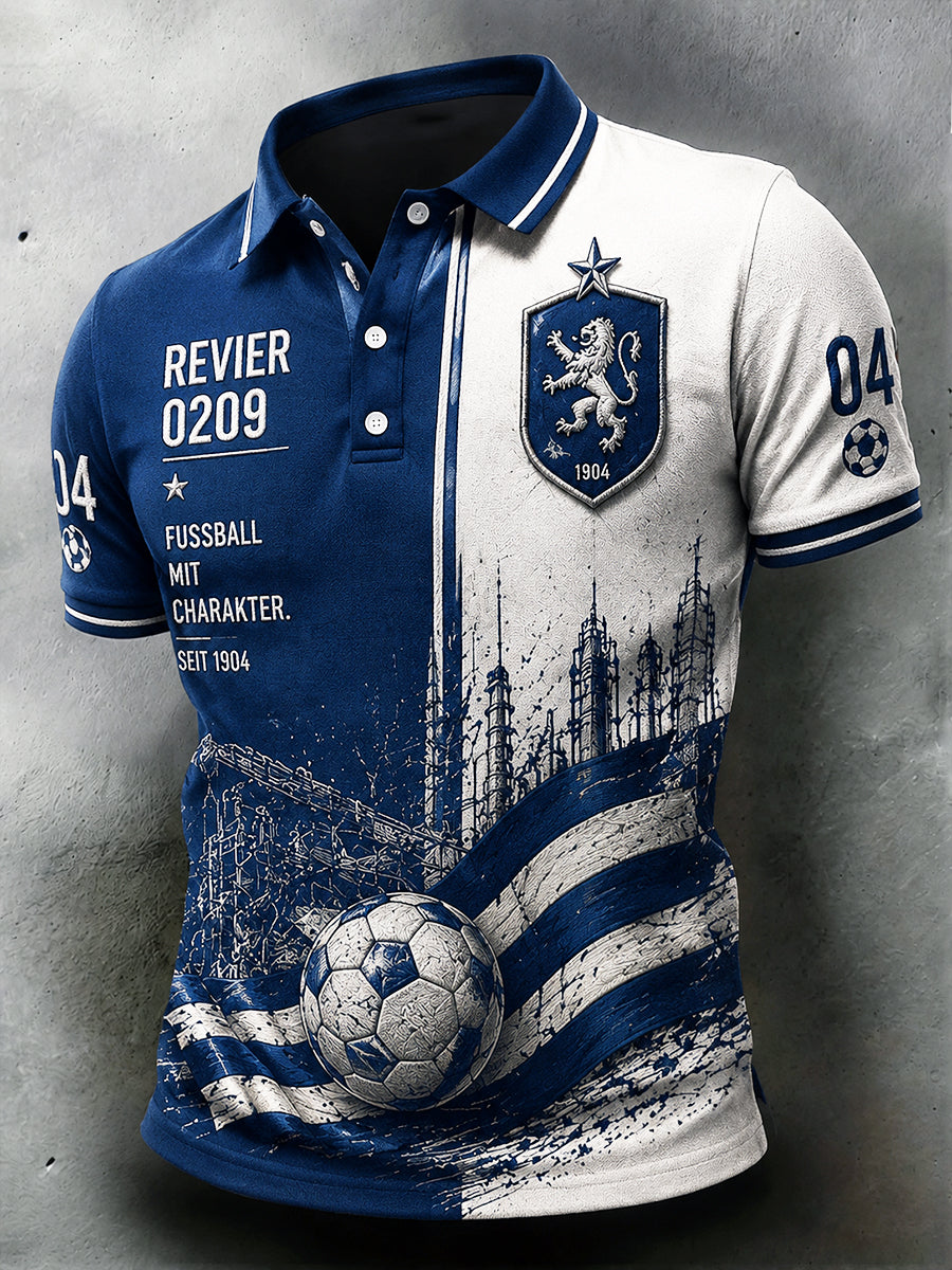 Herren-Retro-Fußball-Polo-Shirt im deutschen Schalke-Stil mit Patchwork-Print, lässig geschnitten