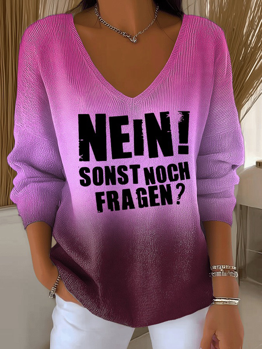 Frauen Lustiges deutsches Slogan-Print V-Ausschnitt geripptes Oberteil