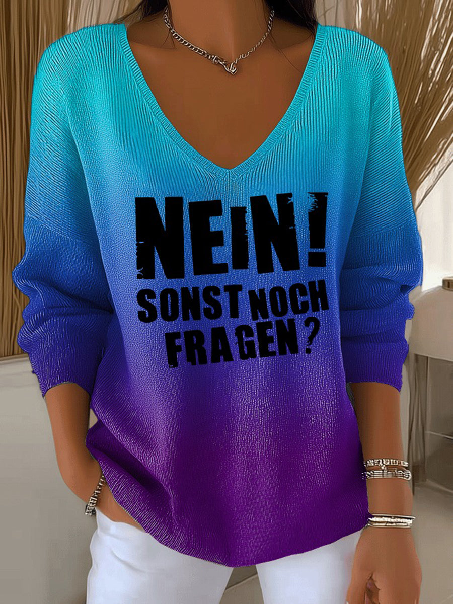 Frauen Lustiges deutsches Slogan-Print V-Ausschnitt geripptes Oberteil