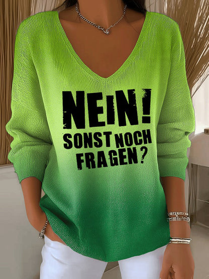 Frauen Lustiges deutsches Slogan-Print V-Ausschnitt geripptes Oberteil