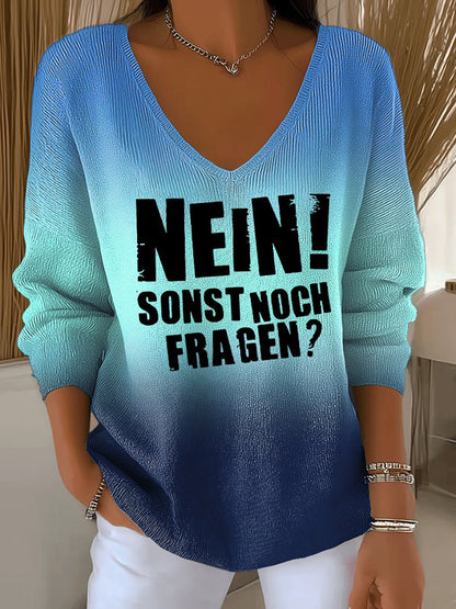 Frauen Lustiges deutsches Slogan-Print V-Ausschnitt geripptes Oberteil