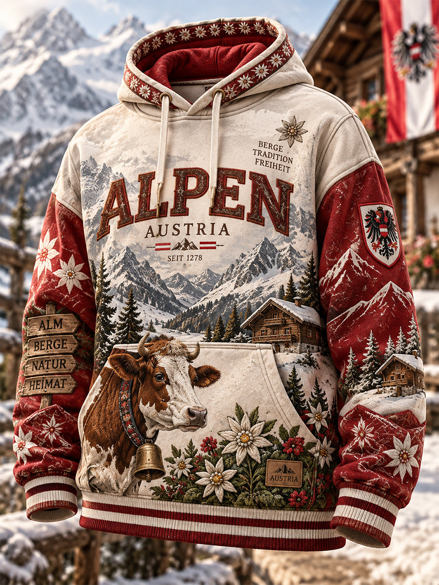 Herren-Kapuzenpullover in Übergröße mit abfallender Schulter und Taschen, inspiriert von den österreichischen Alpen