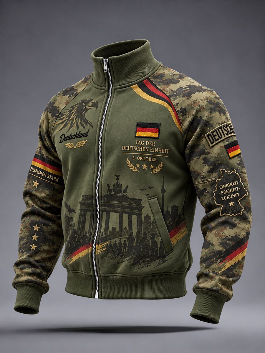 Gedenk-Grafikdruck-Langarmjacke mit Stehkragen zum Tag der Einheit der Männer