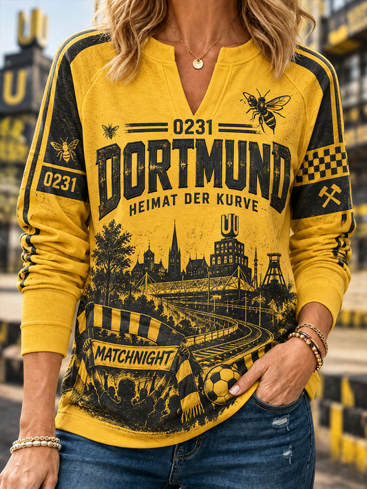 Damen-Dortmund-Casual-Kapuzenpullover mit V-Ausschnitt