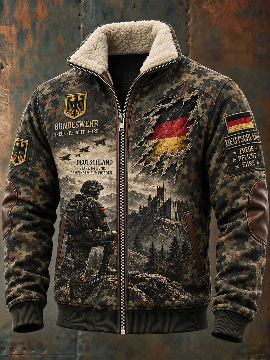 Herren-Jacke mit Motivdruck zum Gedenken an Veteranen, Mock-Neck-Design, Reißverschluss und lange Ärmel