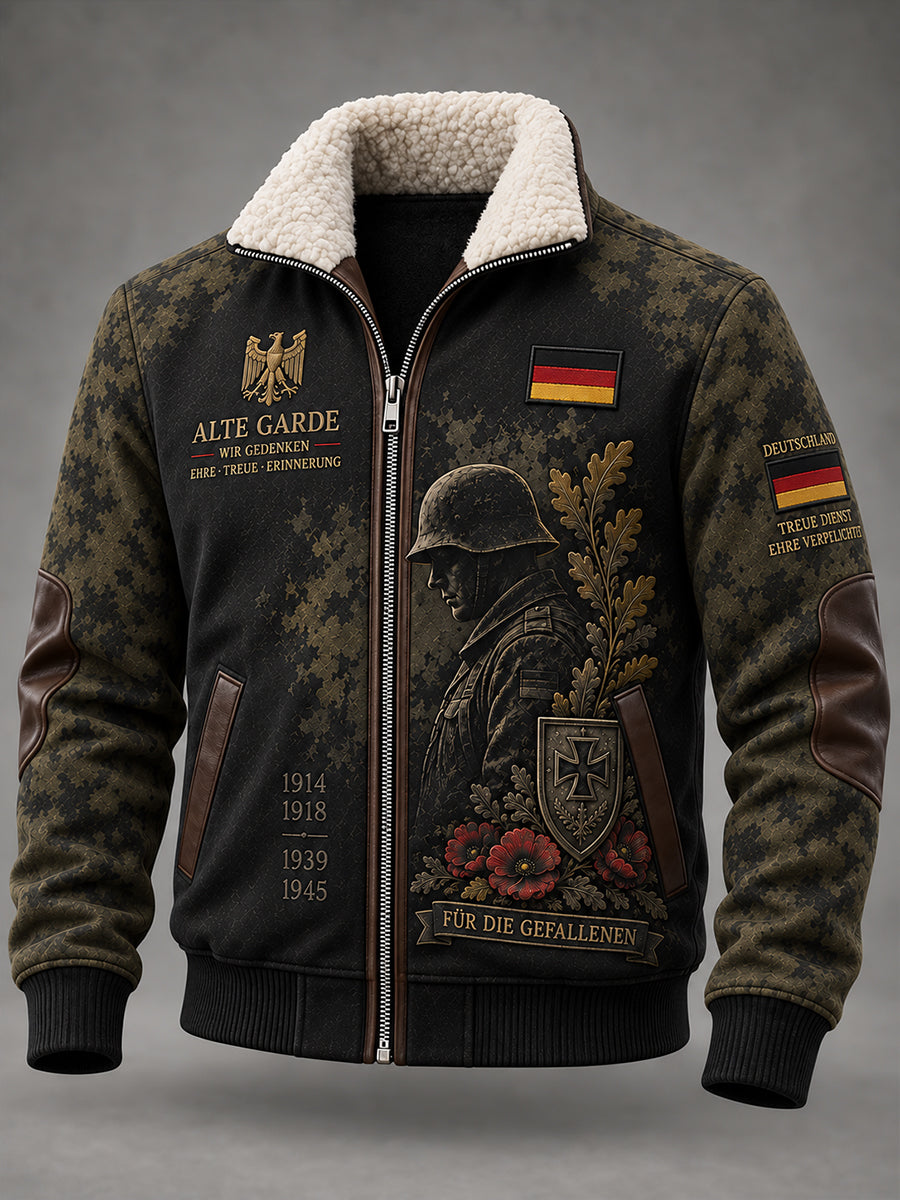 Herren-Jacke mit Motivdruck zum Gedenken an Veteranen, Mock-Neck-Design, Reißverschluss und lange Ärmel