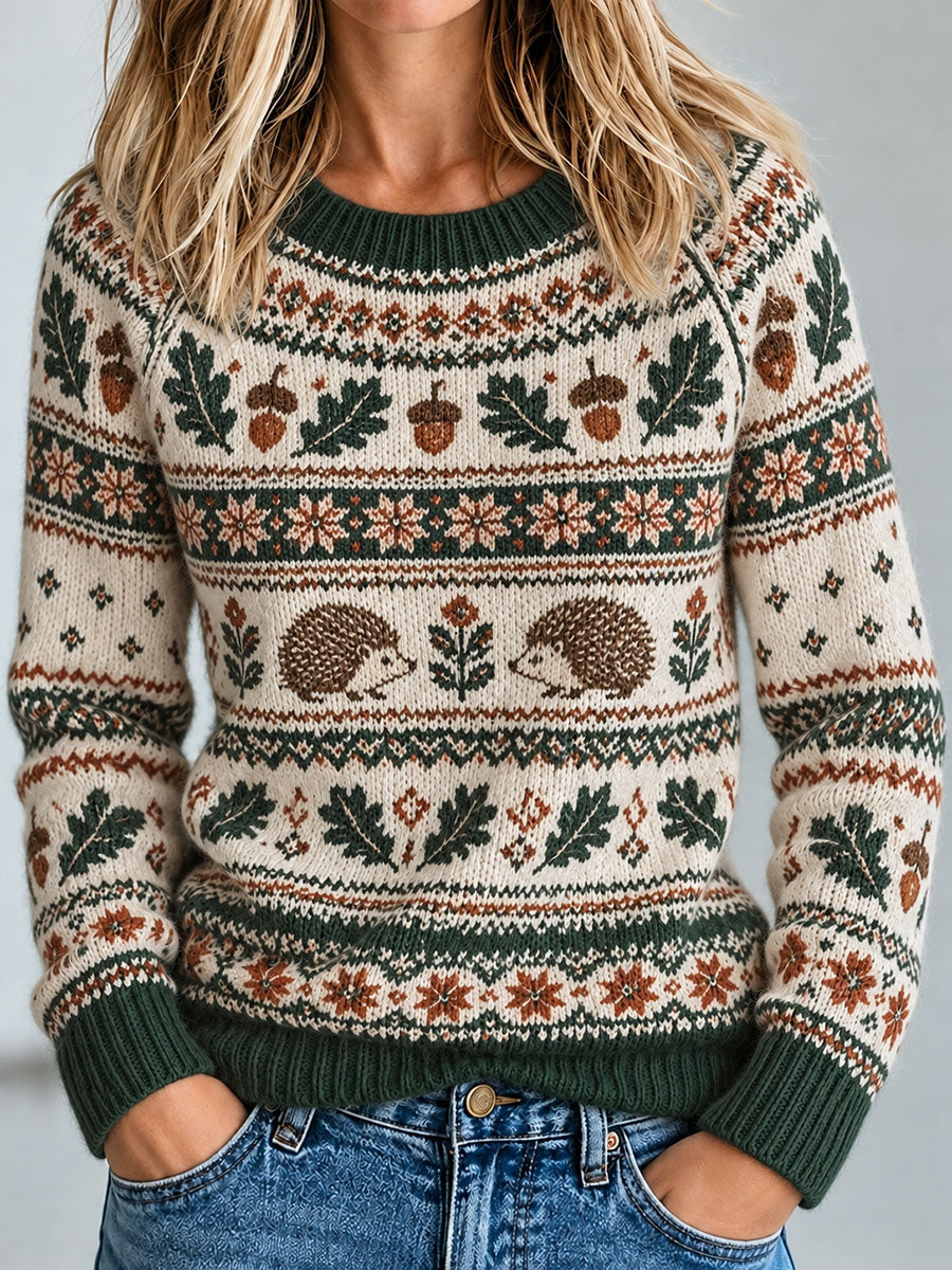 Damen-Häkel-Pullover mit Igel-Print, lässig