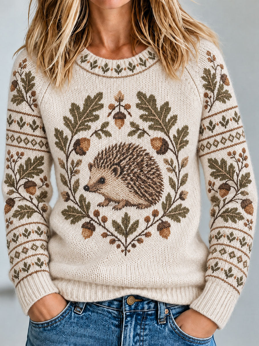 Damen-Häkel-Pullover mit Igel-Print, lässig