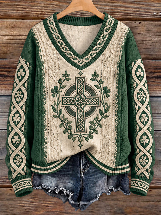 Damen-Imitatsweater im keltischen Stil mit V-Ausschnitt