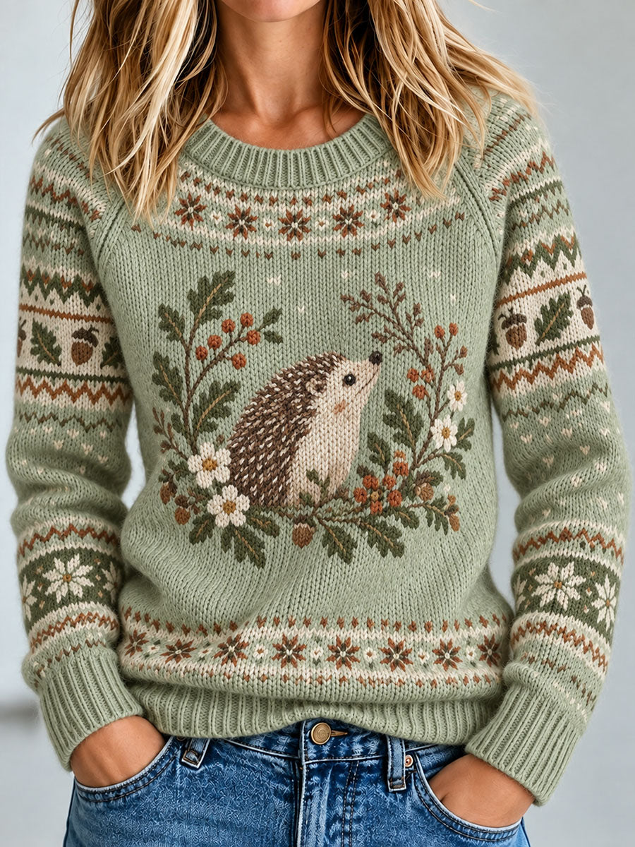 Damen-Häkel-Pullover mit Igel-Print, lässig