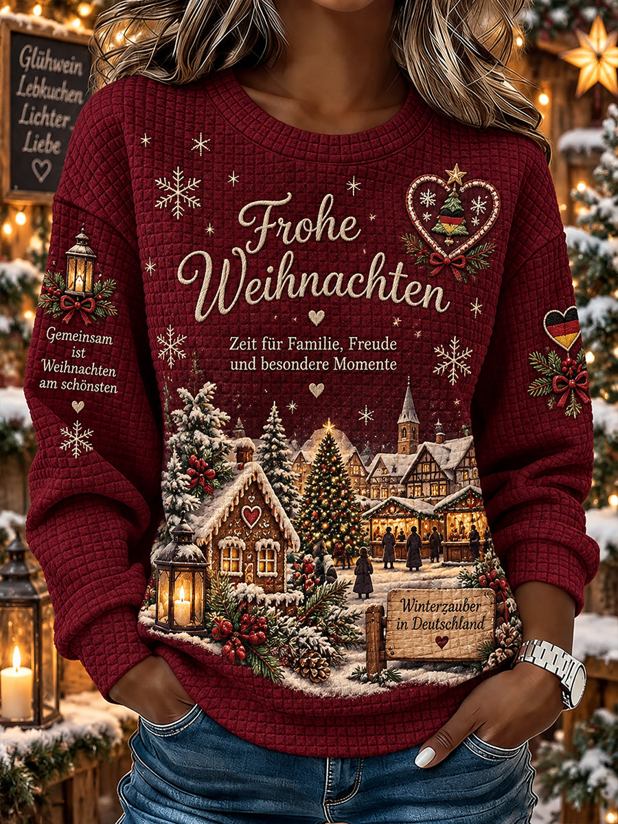 Damen-Weihnachtsprint-Top aus Waffelstrick mit langen Ärmeln