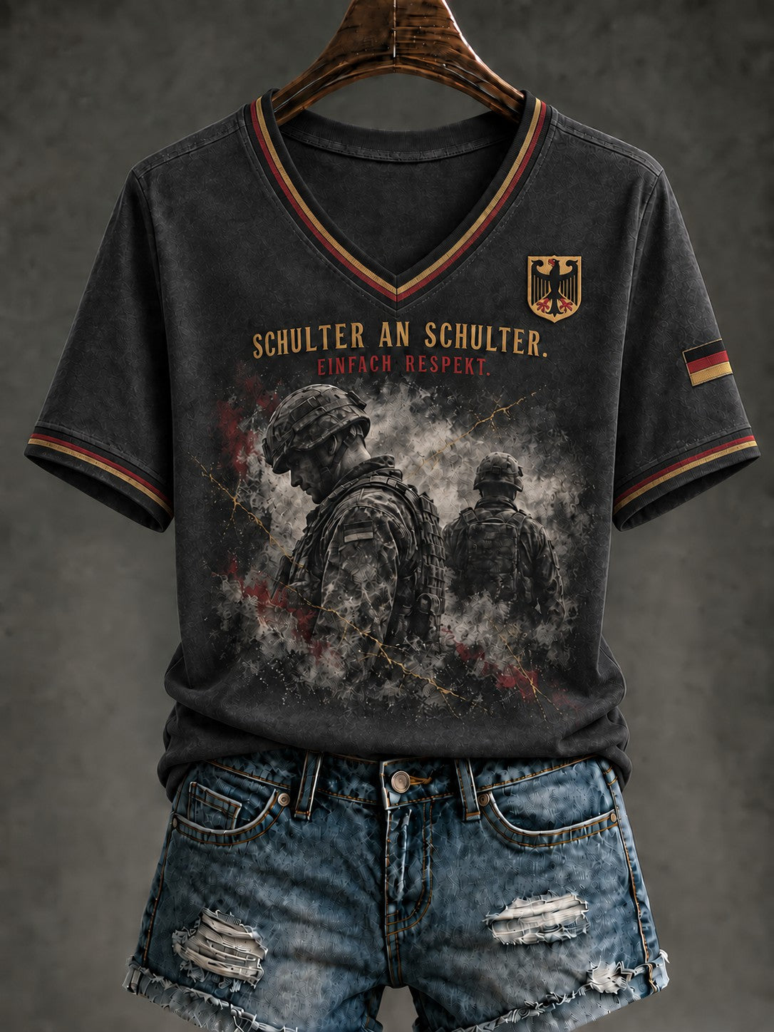 Damen-T-Shirt mit V-Ausschnitt und Aufdruck zum deutschen Volkstrauertag