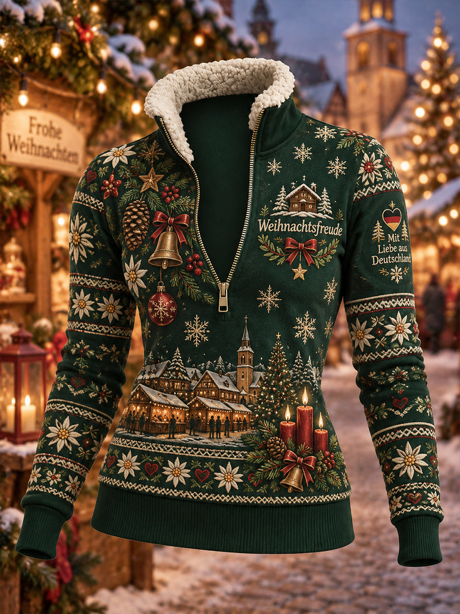 Damen-Sweatshirt mit Weihnachtsmotiv, hohem Kragen und langen Ärmeln