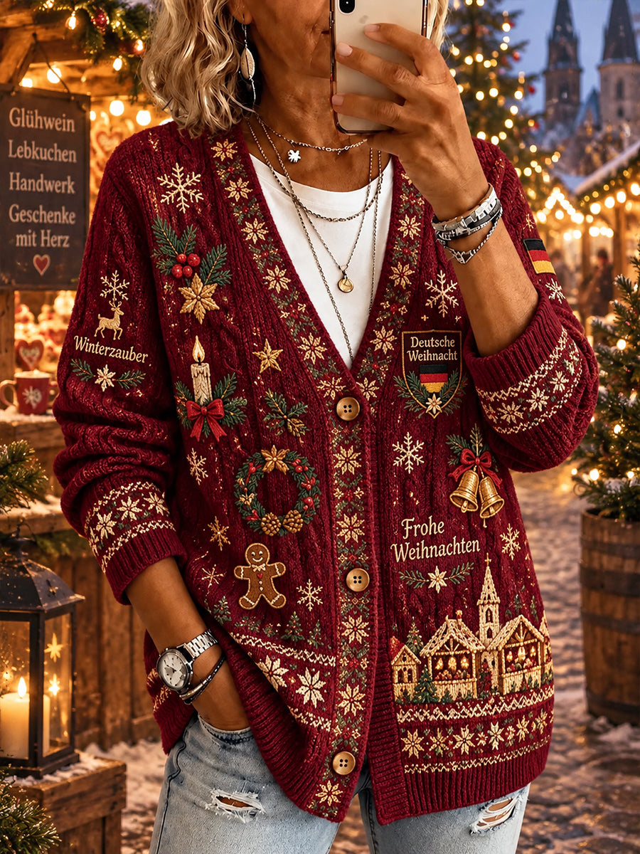 Gestrickter Damen-Cardigan mit weihnachtlichem Muster