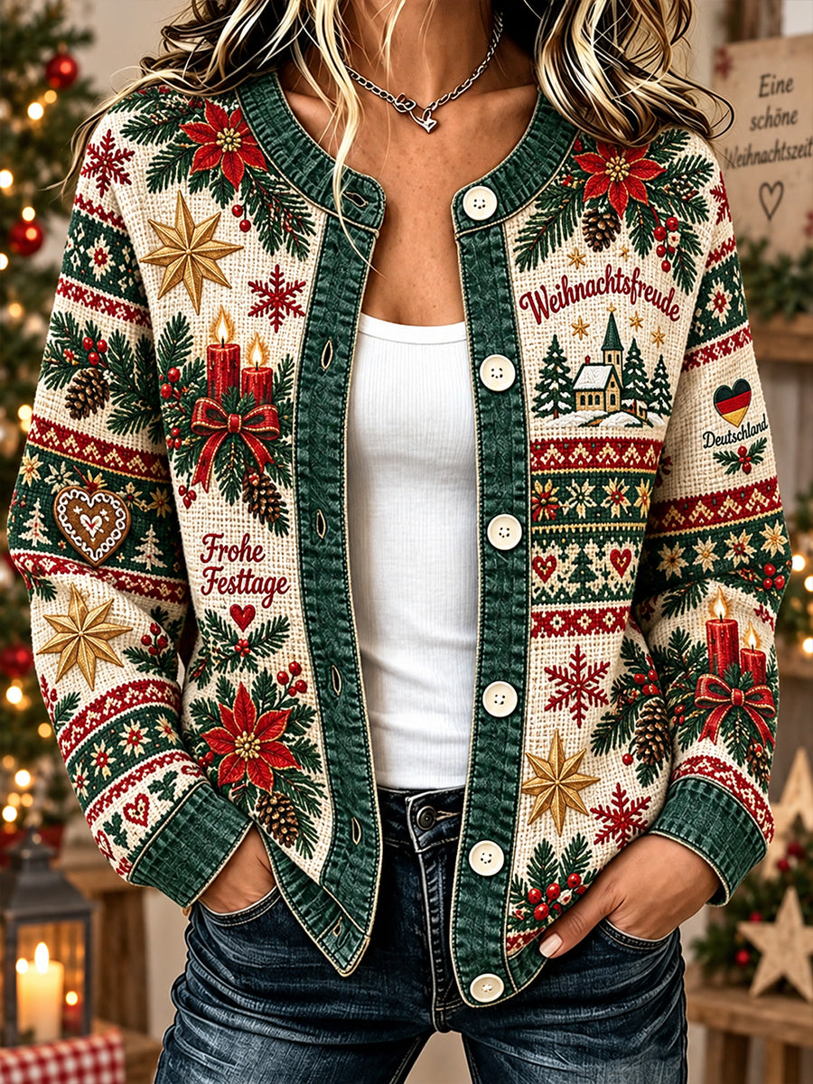 Damenjacke mit weihnachtlichem Print, waffelstrukturiert und langärmlig