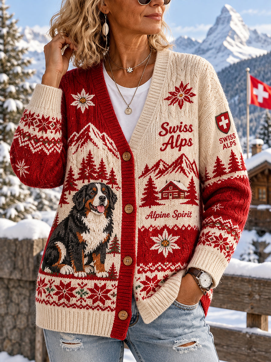 Damen-Strickcardigan mit Alpin-Print und Rollkragen