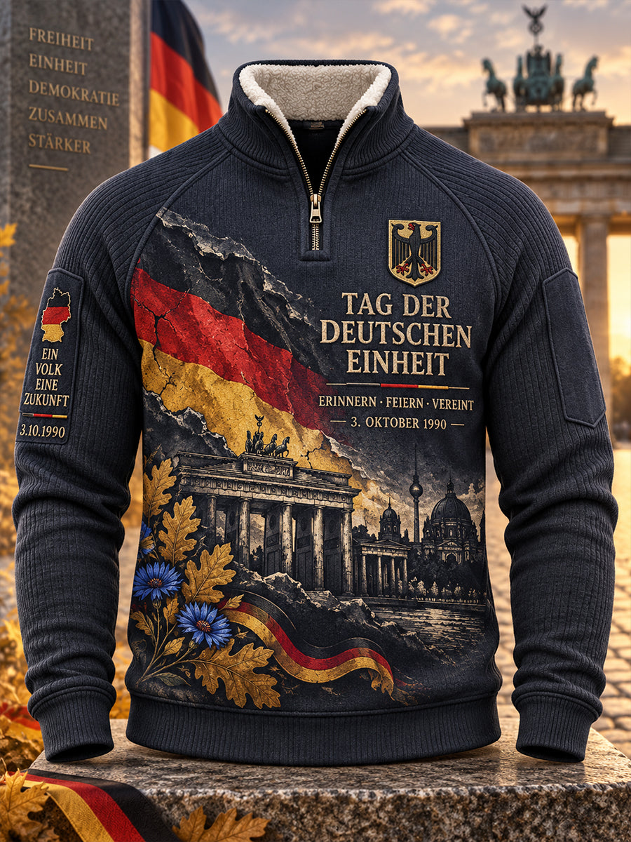 Gedenkdruck-Pullover mit Fleece-Innenfutter, Raglanärmeln und Mock-Neck zum Tag der Einheit der Männer