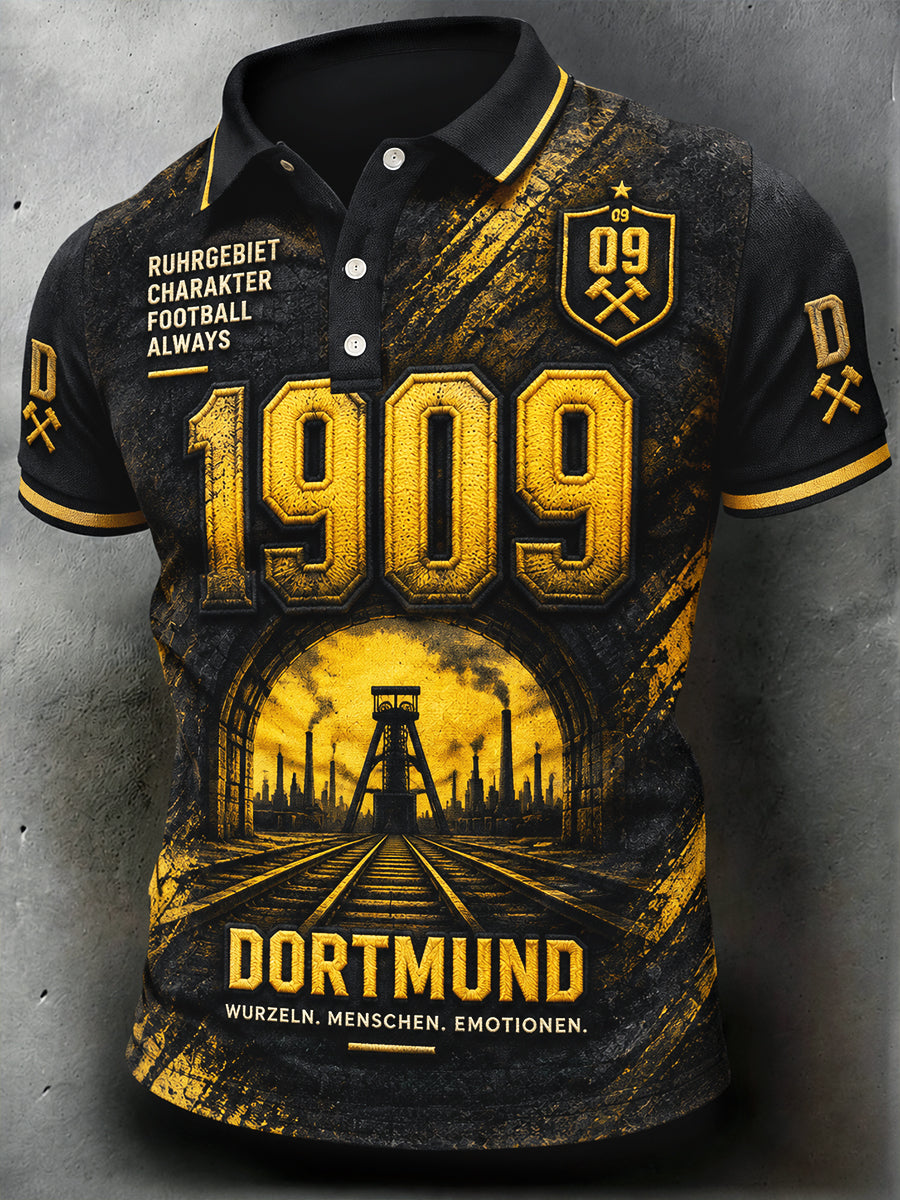 Herren-Poloshirt in Schwarz mit Borussia-Dortmund-Print, lässiger Stil