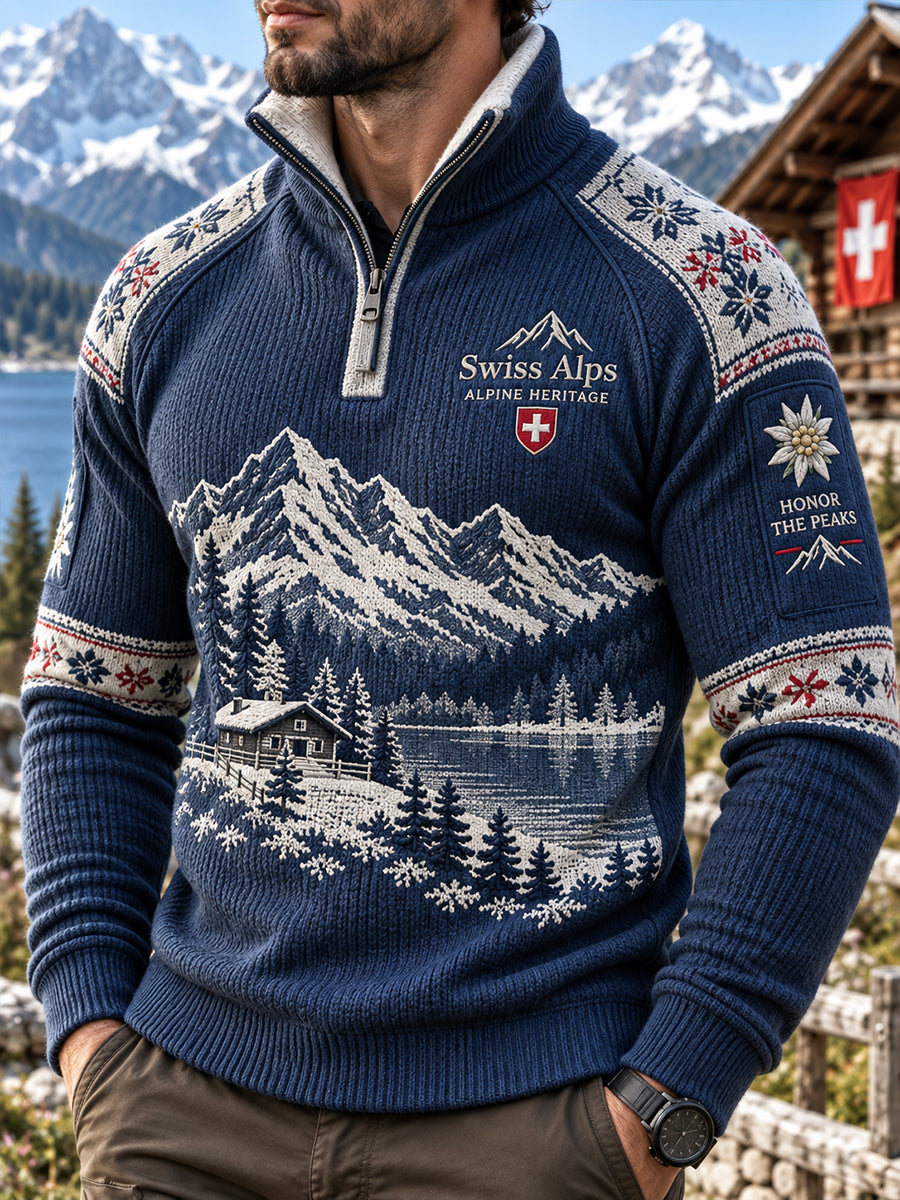 Herren-Sweatshirt mit Raglanärmeln und Mock-Neck, langärmlig, im Alpin-Stil bedruckt