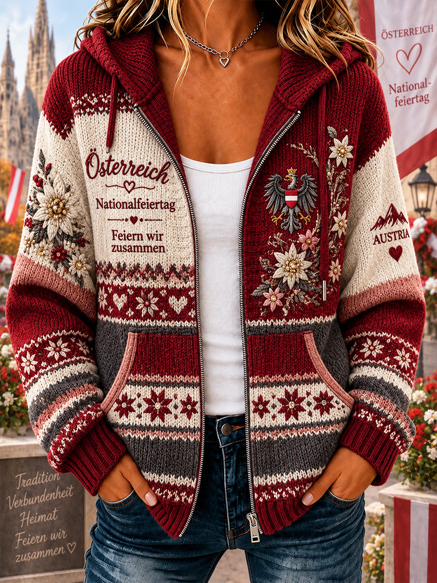 Gestrickter Hoodie mit Aufdruck zur Feier des Nationalfeiertags der Frauen