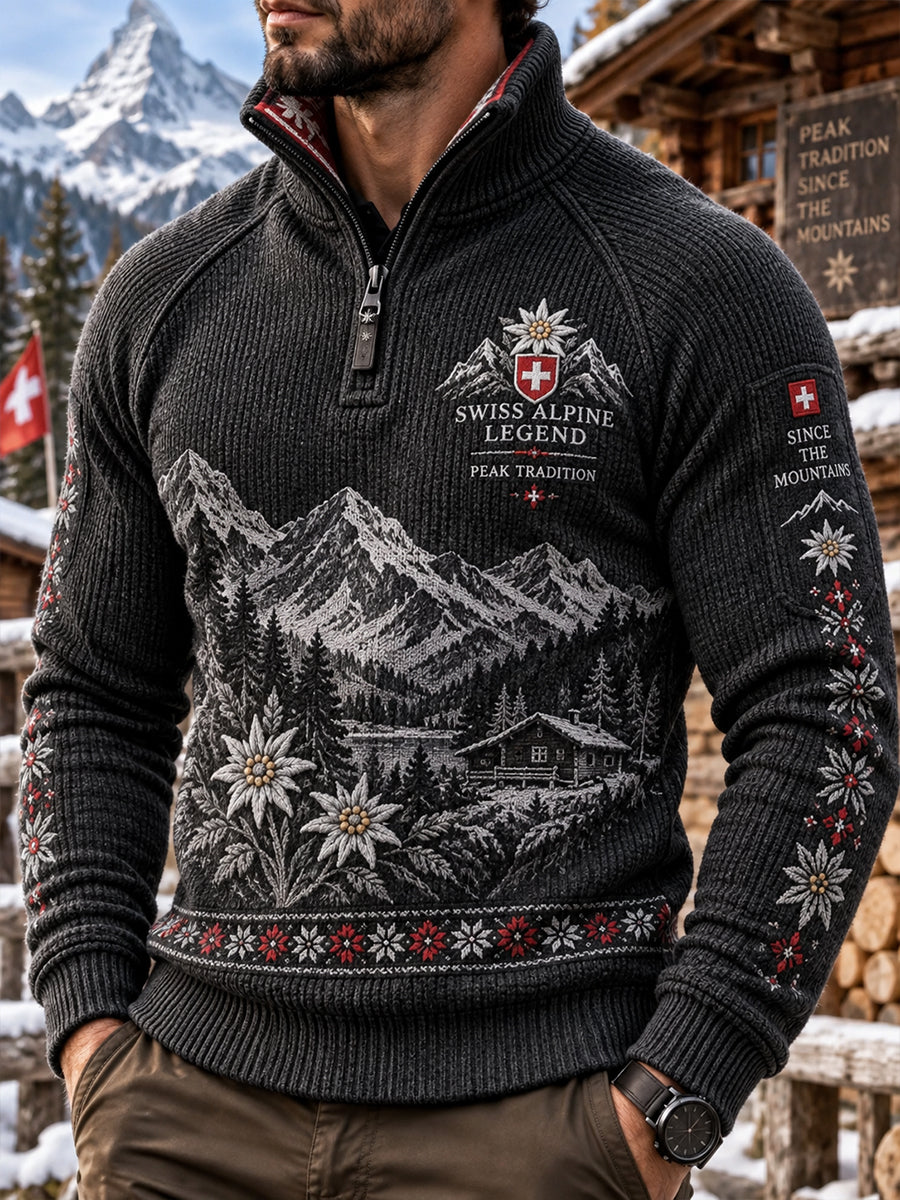 Herren-Sweatshirt mit Raglanärmeln und Mock-Neck, langärmlig, im Alpin-Stil bedruckt
