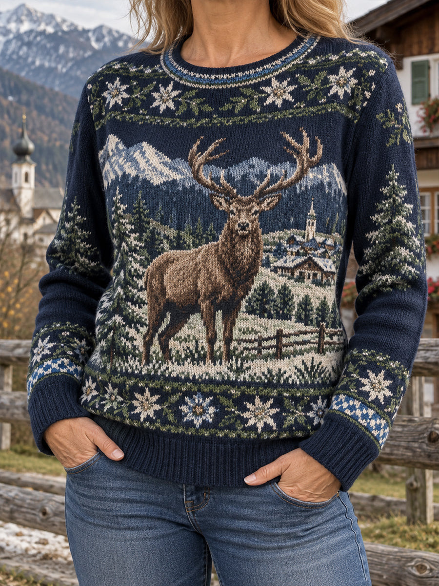 Langärmeliger Damenpullover mit ländlichem Landschaftsmotiv
